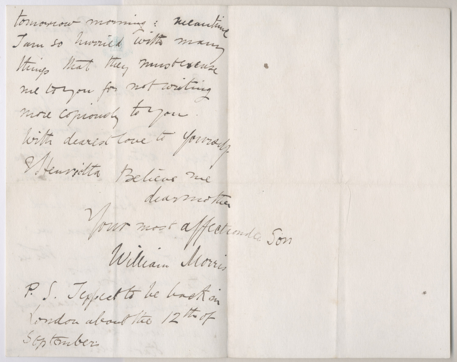 Letter from William Morris to Mrs Morris - William Morris Gallery